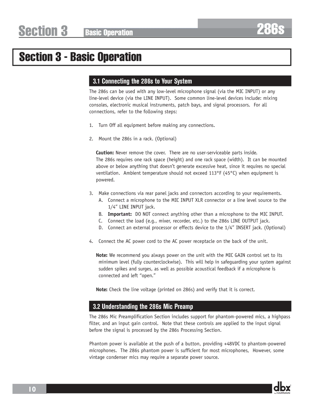 Harman user manual Basic Operation, Connecting the 286s to Your System, Understanding the 286s Mic Preamp 