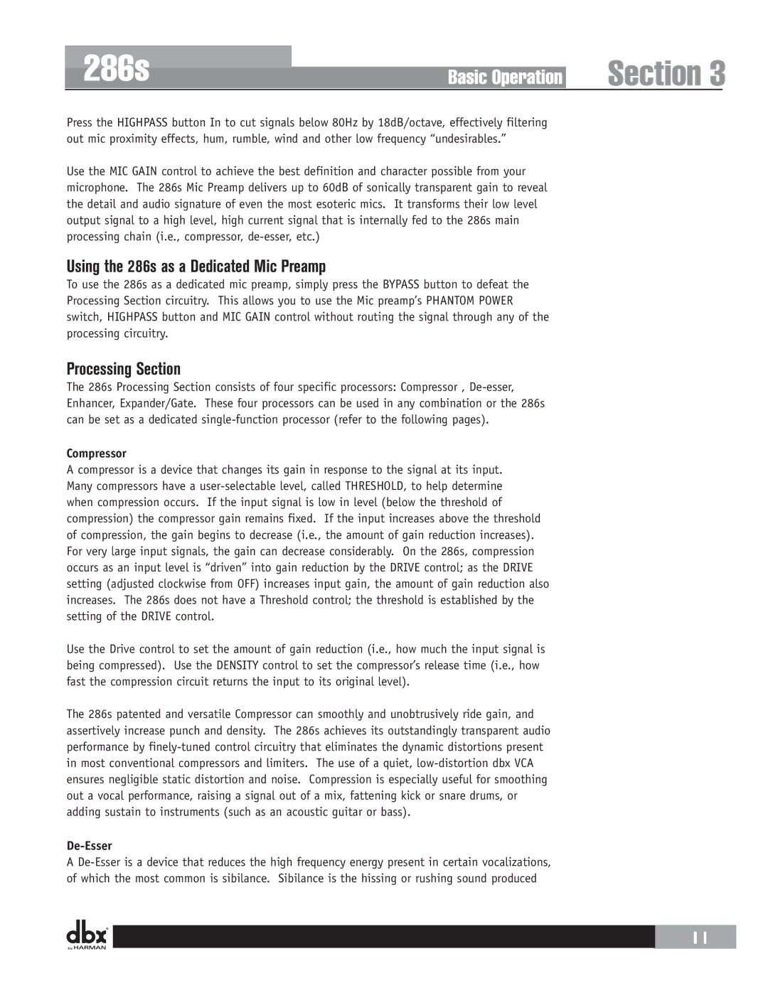 Harman user manual Using the 286s as a Dedicated Mic Preamp, Processing Section, Compressor, De-Esser 