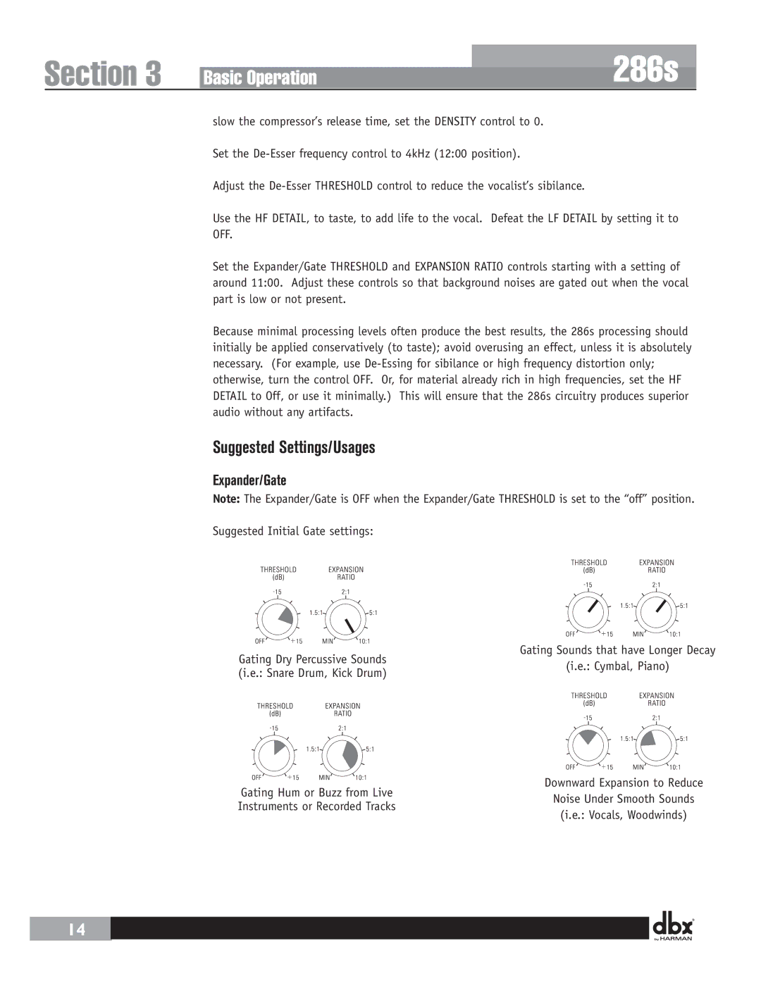 Harman 286 user manual Suggested Settings/Usages, Off 