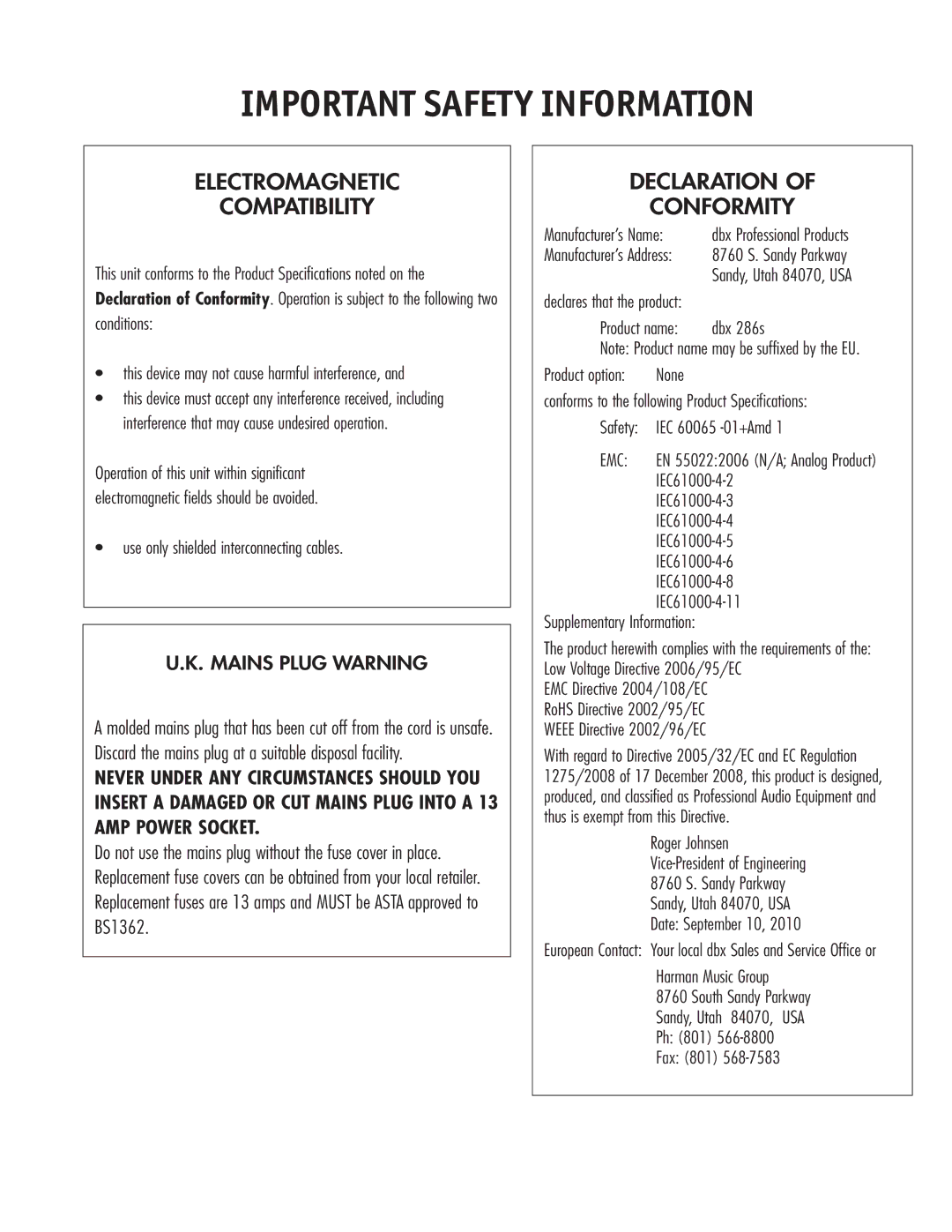 Harman 286 user manual Electromagnetic Compatibility 