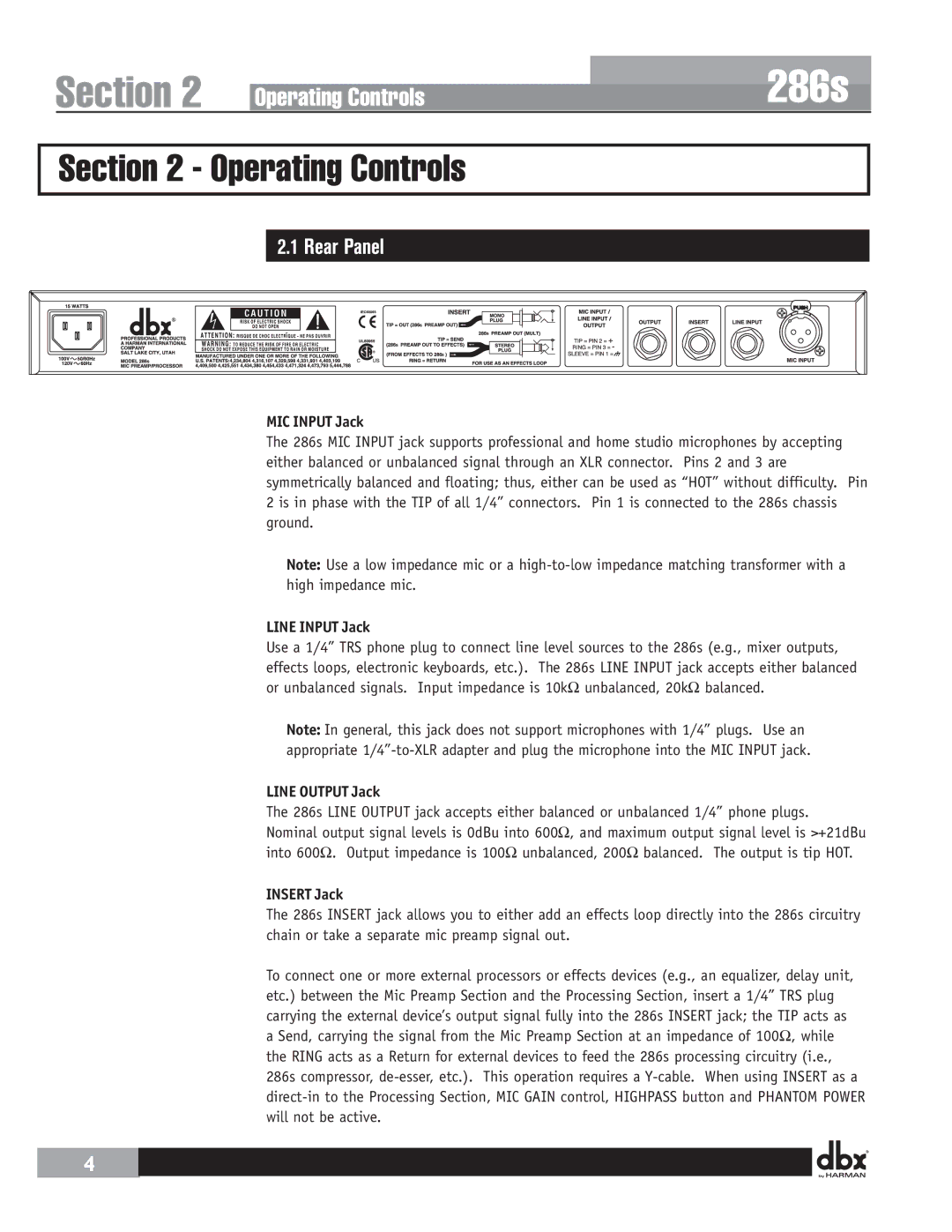 Harman 286 user manual Operating Controls, Rear Panel 