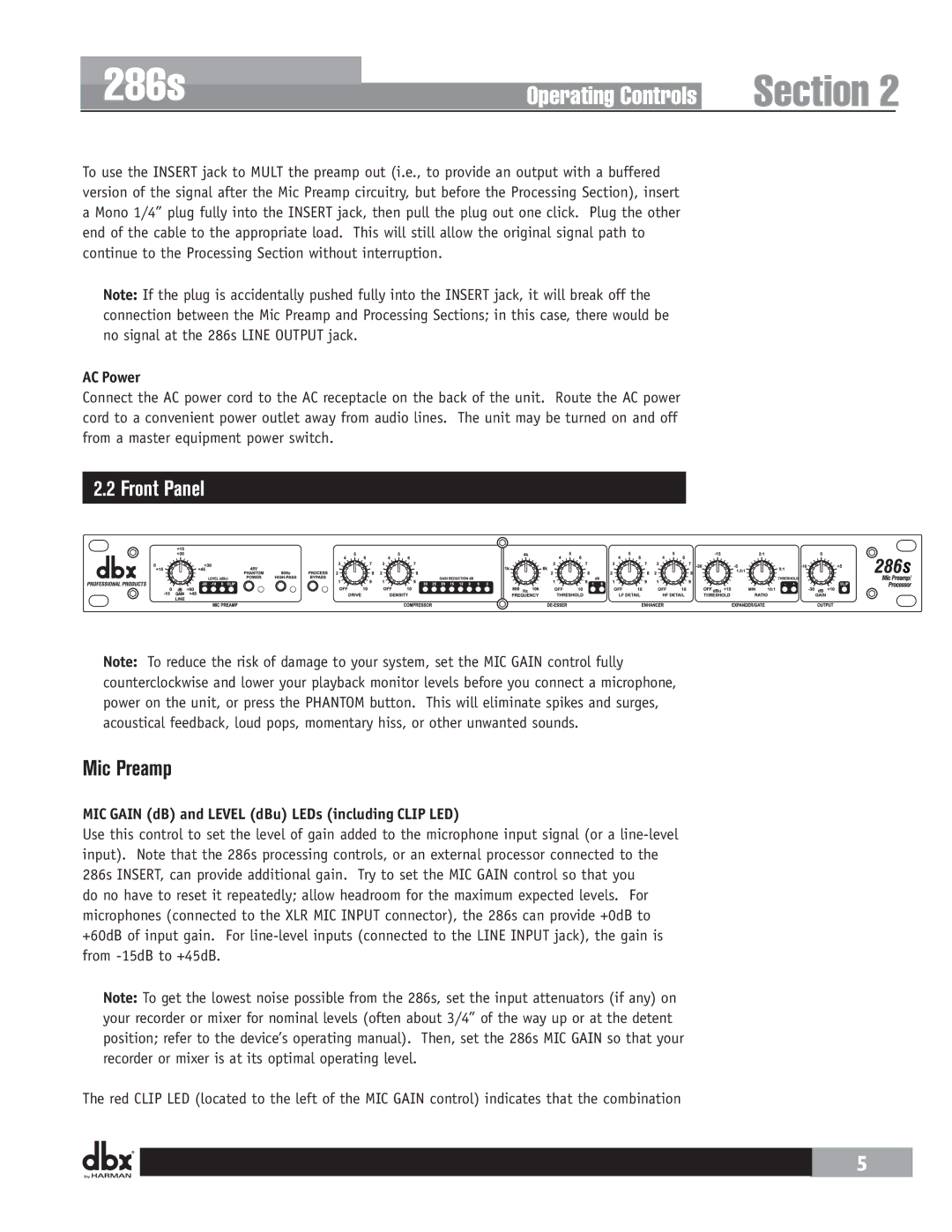 Harman 286 user manual Front Panel, Mic Preamp, AC Power, MIC Gain dB and Level dBu LEDs including Clip LED 