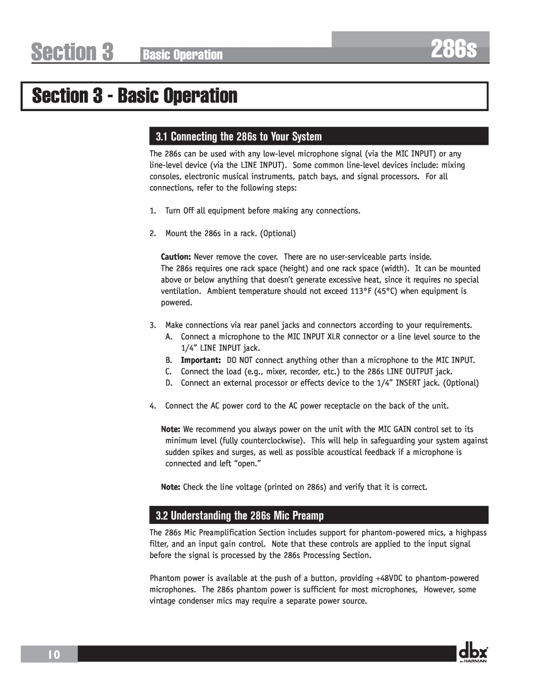 Harman user manual Basic Operation, Connecting the 286s to Your System, Understanding the 286s Mic Preamp, Section 