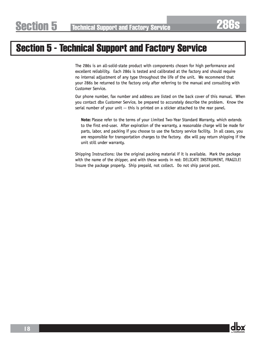 Harman user manual Technical Support and Factory Service, 286s 