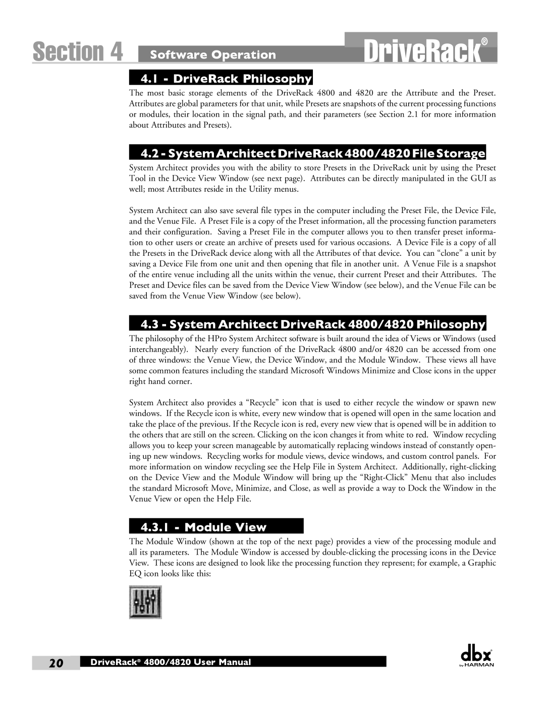 Harman user manual Software Operation DriveRack Philosophy, SystemArchitectDriveRack4800/4820FileStorage, Module View 