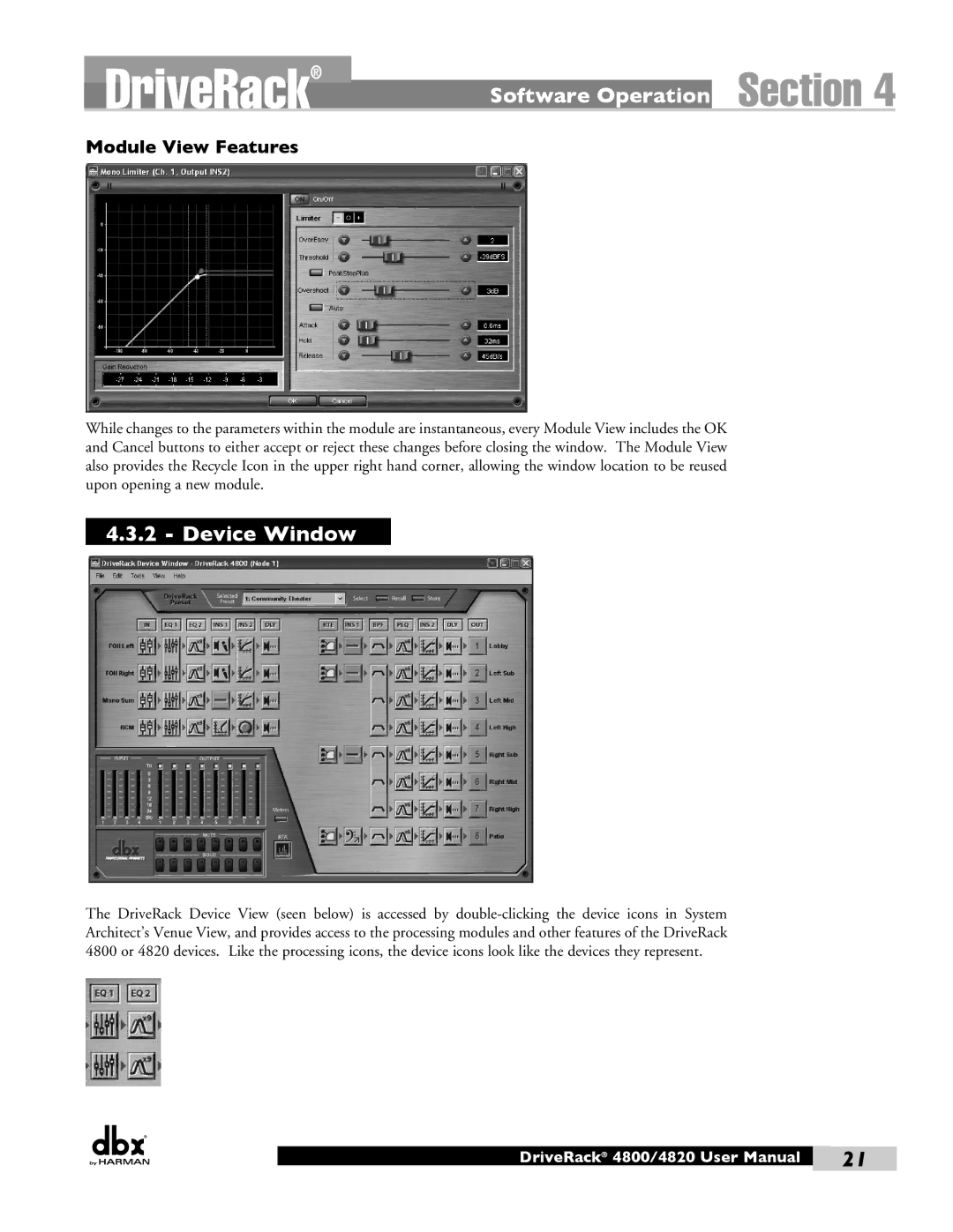 Harman 4820, 4800 user manual Software Operation, Device Window 