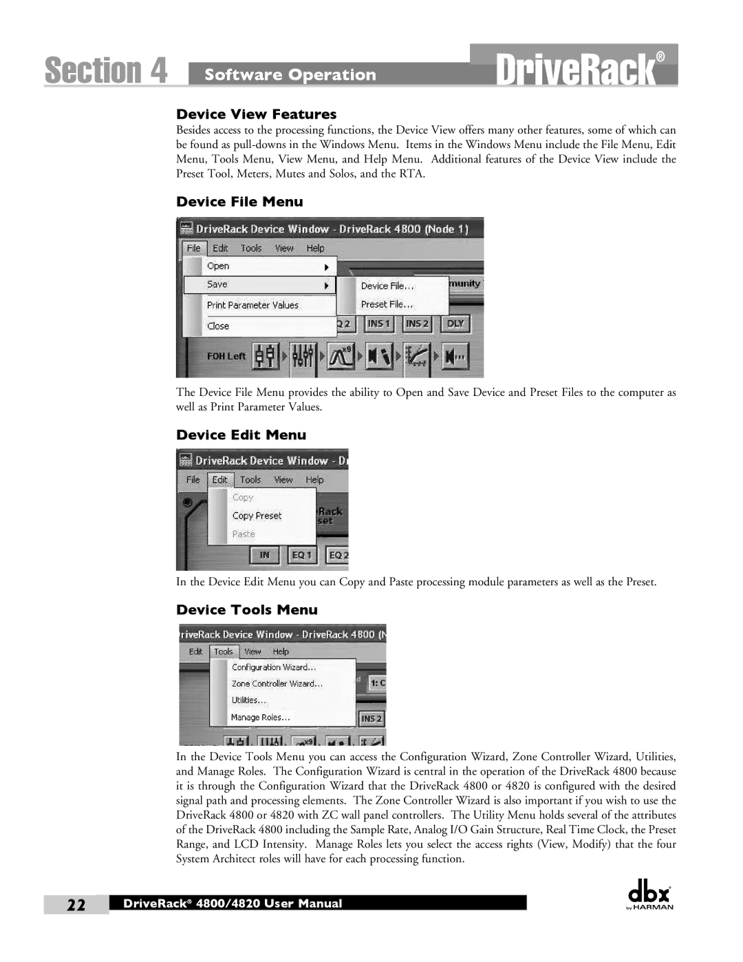 Harman 4800, 4820 user manual Device View Features, Device File Menu, Device Edit Menu, Device Tools Menu 