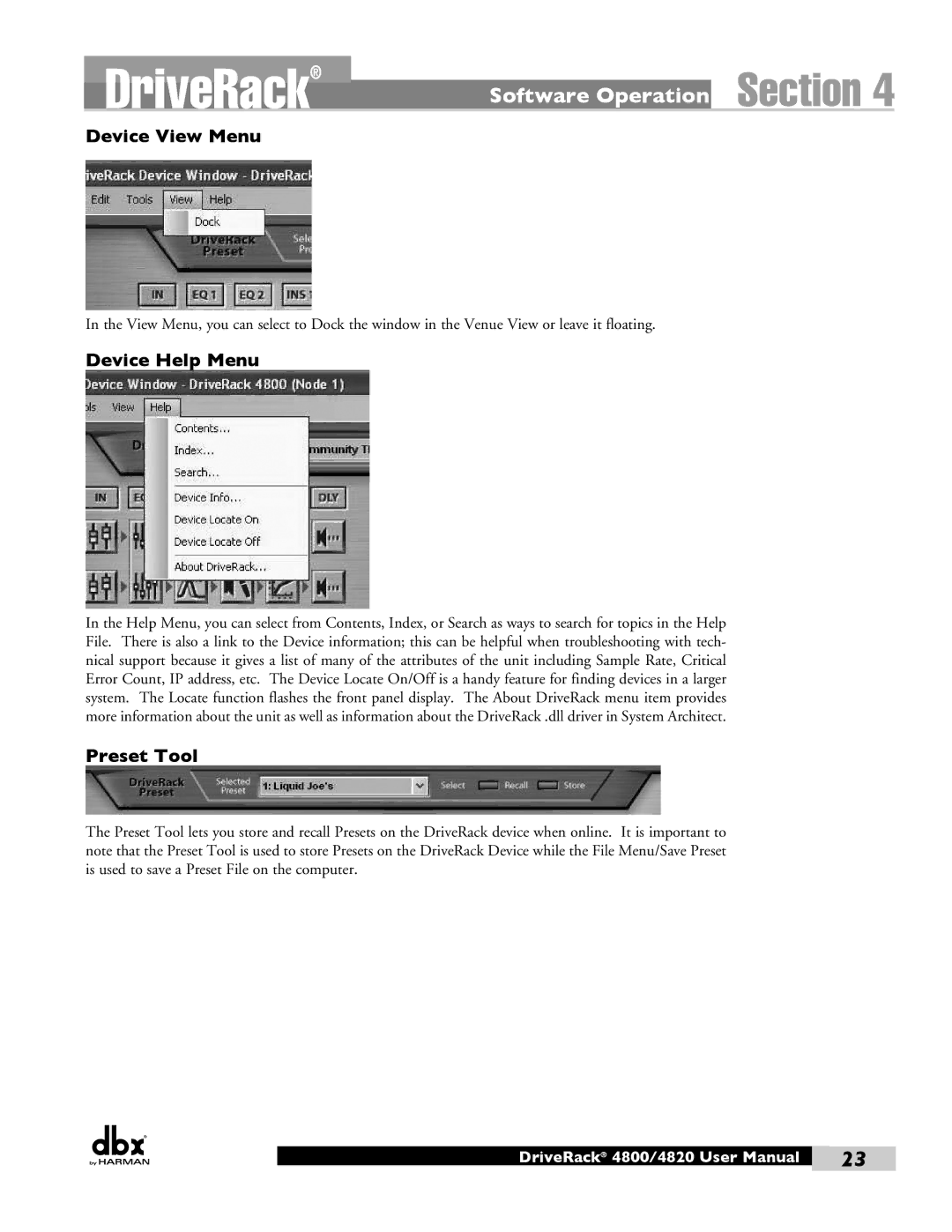 Harman 4820, 4800 user manual Device View Menu, Device Help Menu, Preset Tool 