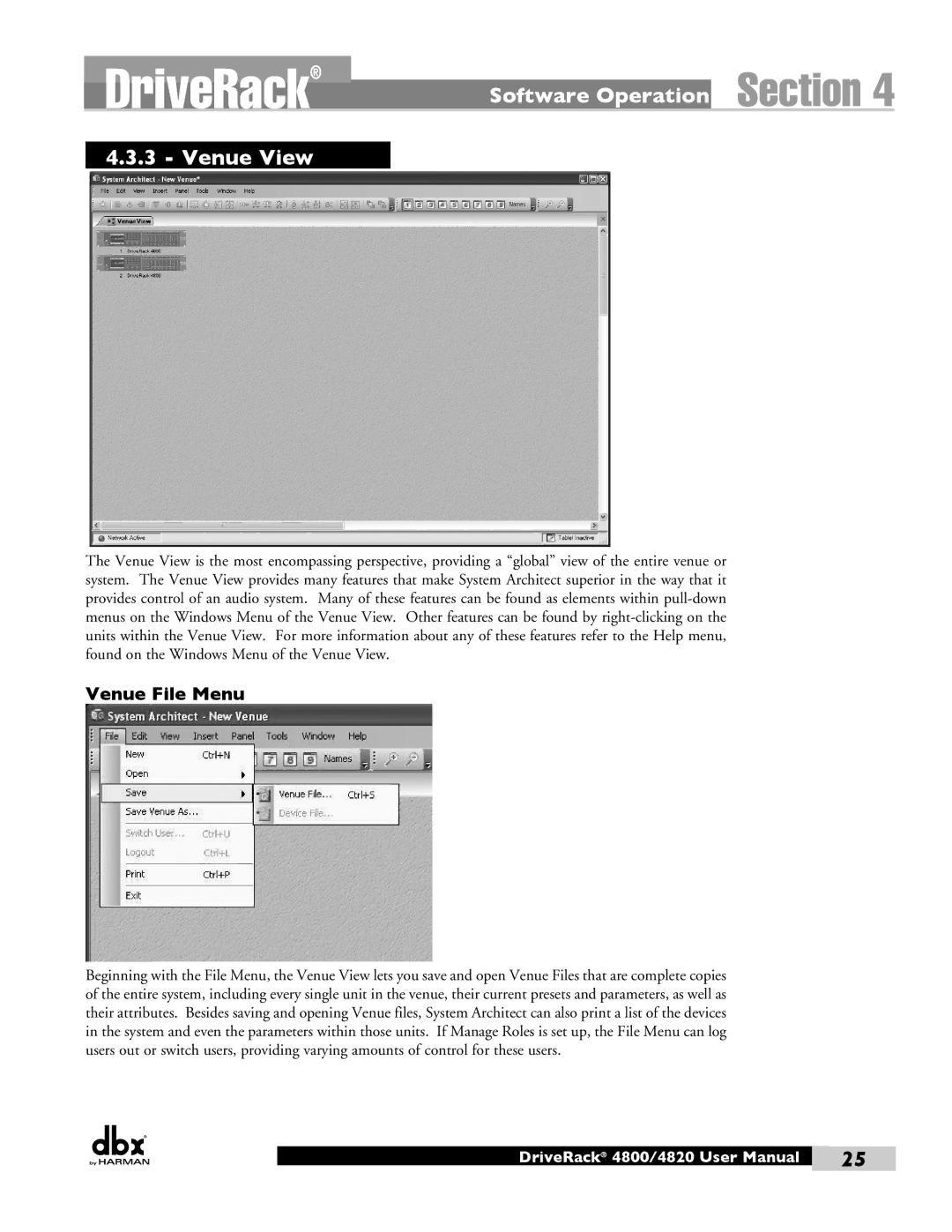 Harman 4820, 4800 user manual Venue View, Venue File Menu 