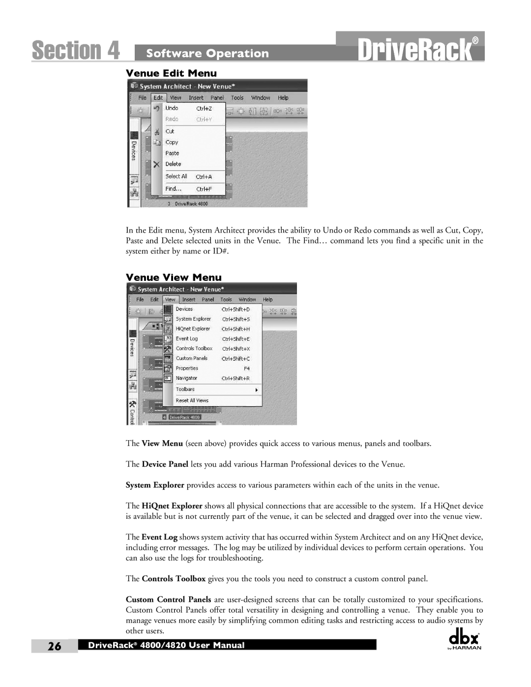 Harman 4800, 4820 user manual SoftwareGUI SoftwareOp rationOverview, Venue View Menu 