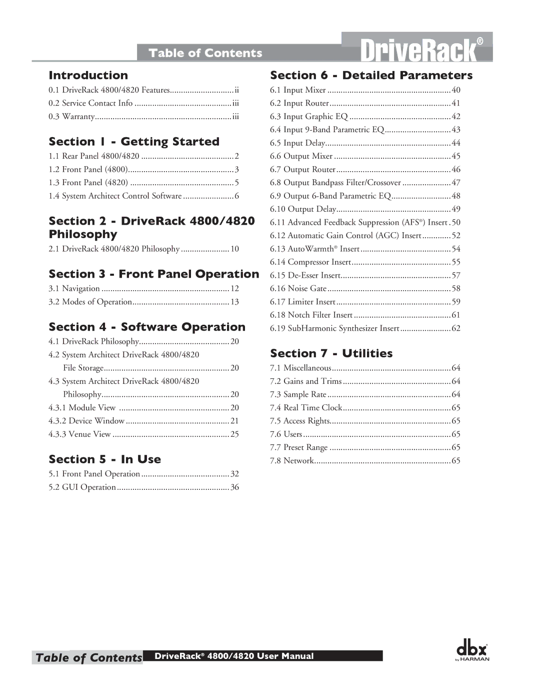 Harman 4800, 4820 user manual DriveRack, Table of Contents 