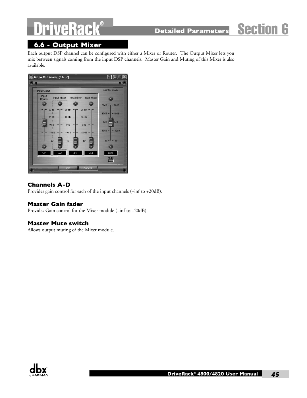 Harman 4820, 4800 user manual Detailed Parameters Output Mixer, Channels A-D, Master Mute switch 