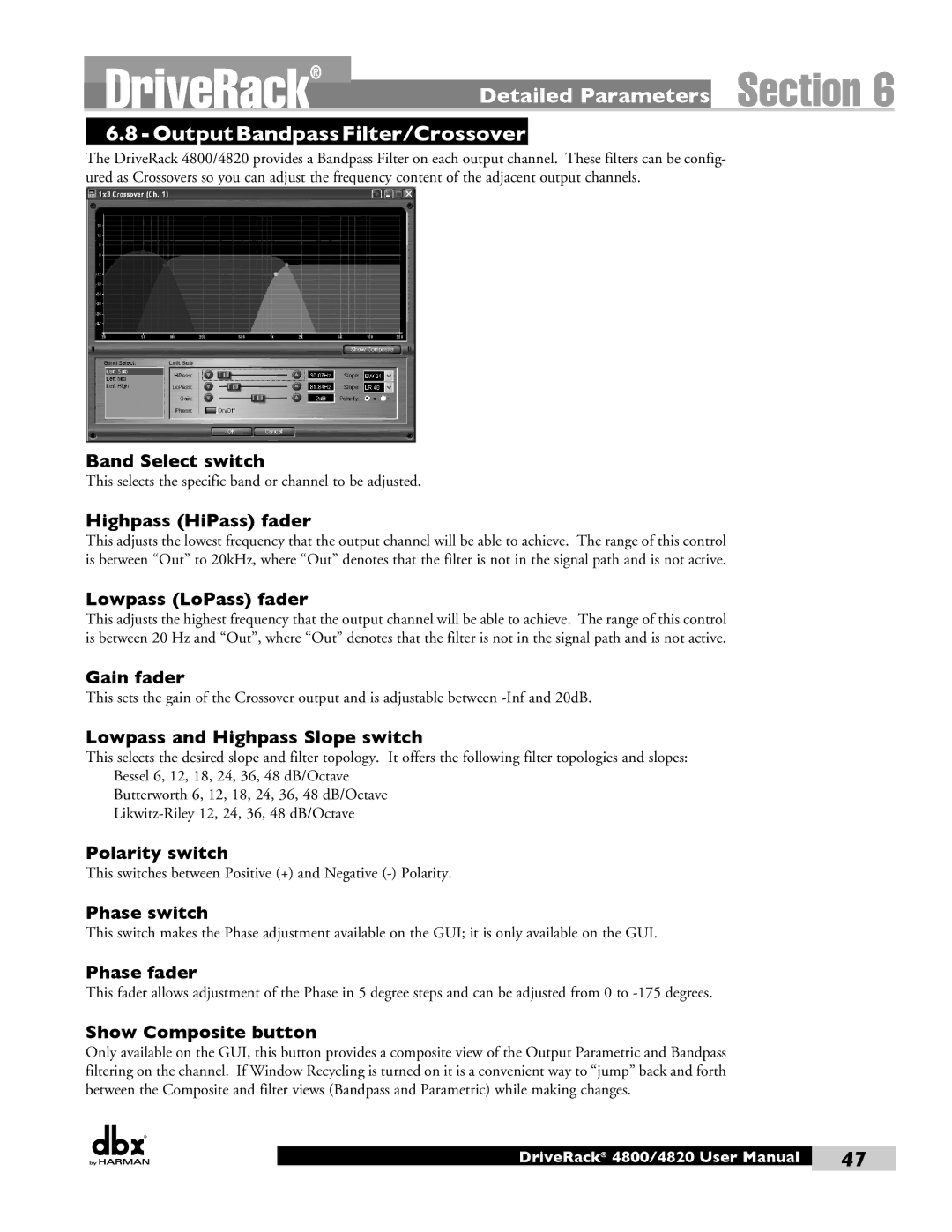 Harman 4820, 4800 user manual Detailed Parameters OutputBandpassFilter/Crossover 