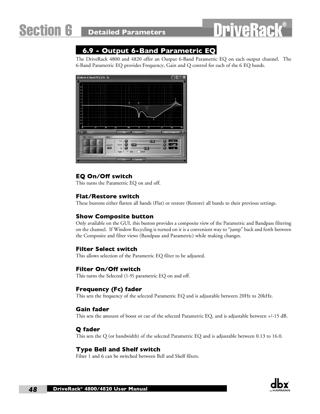 Harman 4800, 4820 user manual Detailed Parameters Output 6-Band Parametric EQ, EQ On/Off switch 