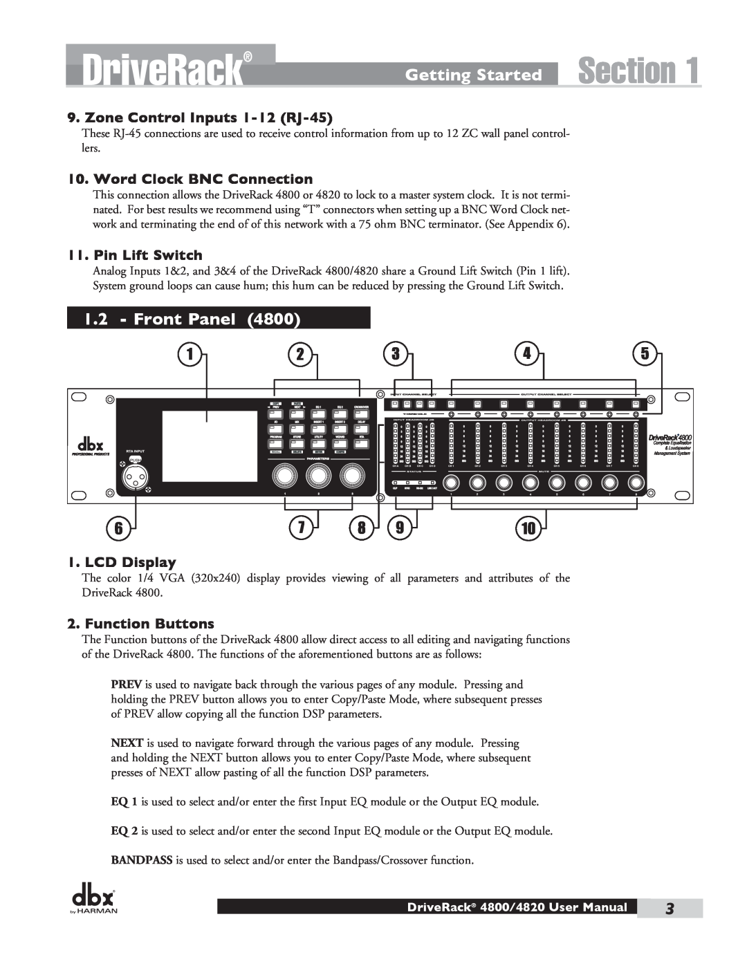 Harman 4820, 4800 user manual Section, Front Panel, DriveRack, Getting Started 