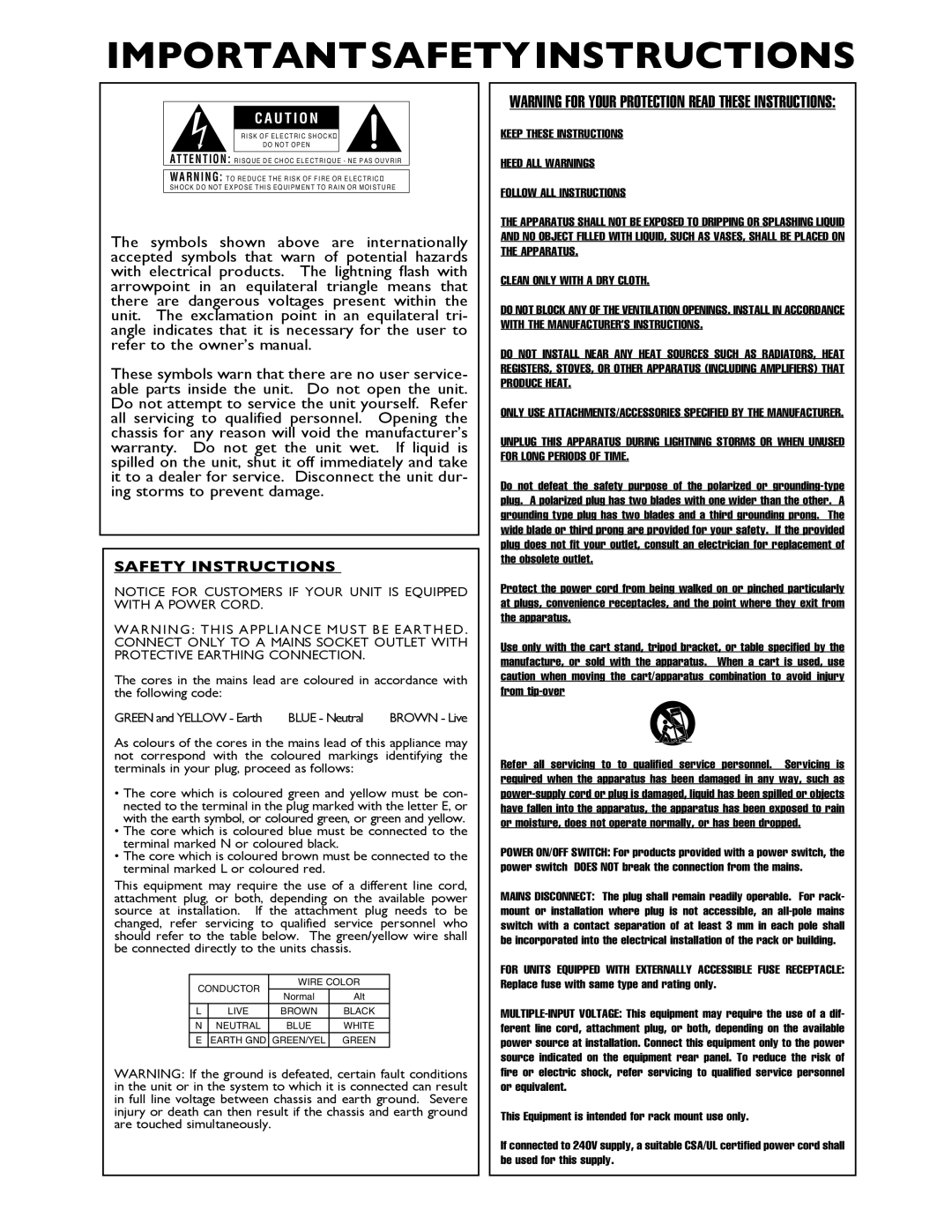 Harman 4800, 4820 user manual Importantsafetyinstructions, Safety Instructions 