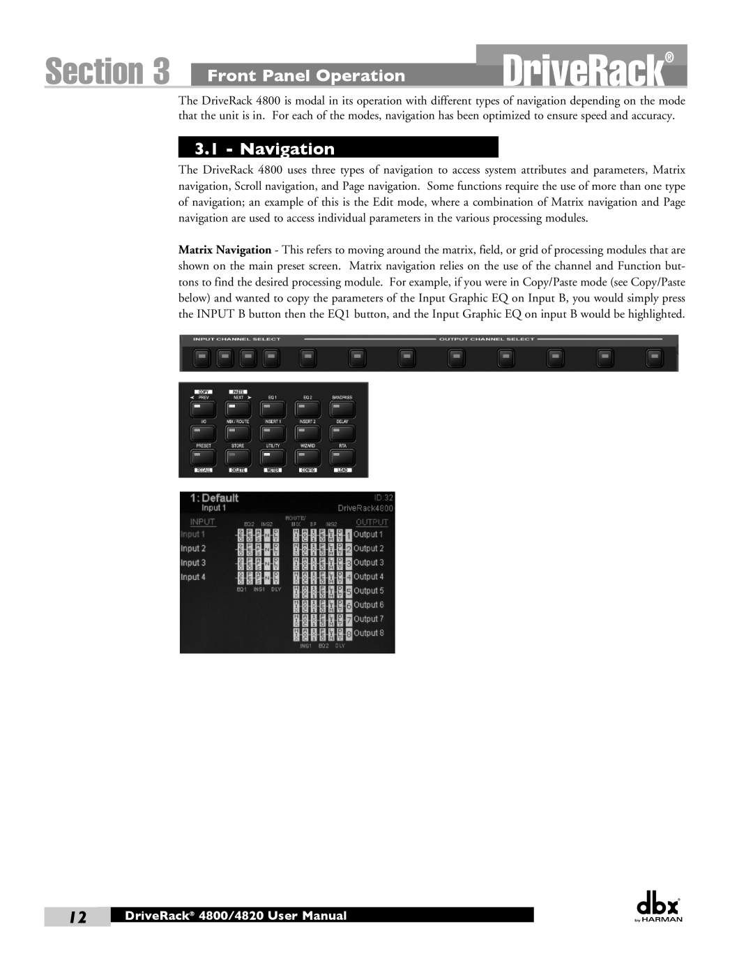 Harman user manual Front Panel Operation, Navigation, Section, DriveRack 4800/4820 User Manual 