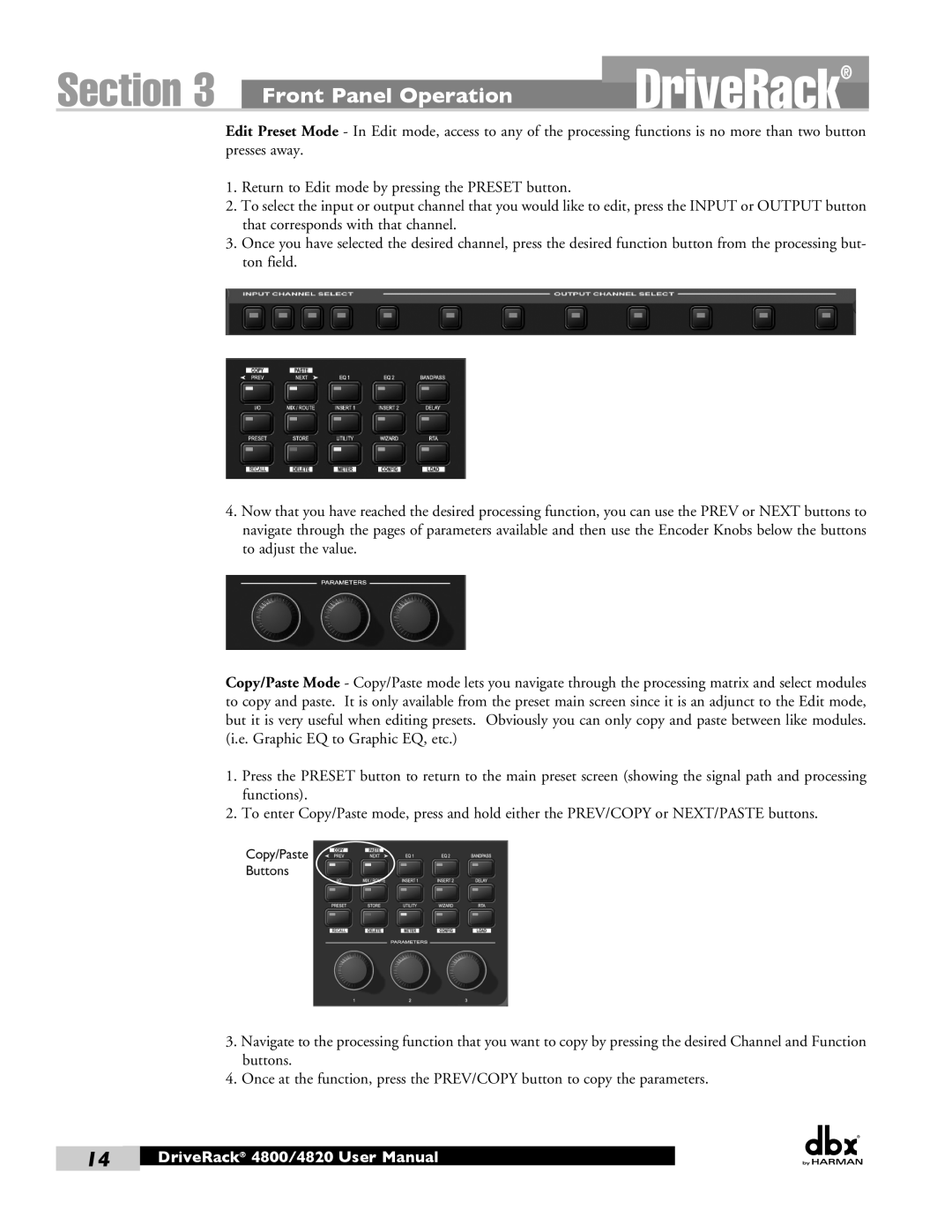 Harman 4800, 4820 user manual DriveRack, Section, Front Panel Operation, Return to Edit mode by pressing the PRESET button 