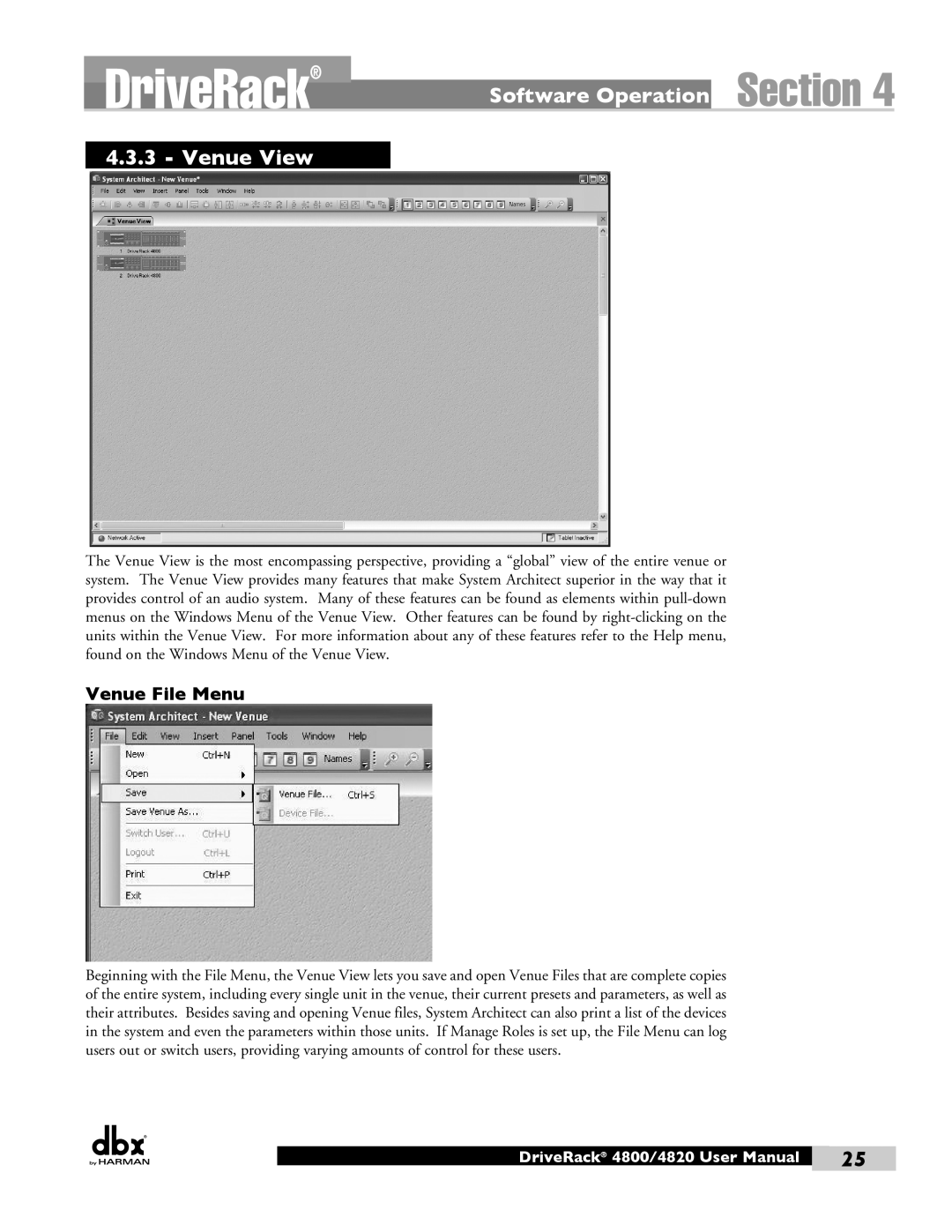 Harman user manual Venue View, Venue File Menu, DriveRack 4800/4820 User Manual 