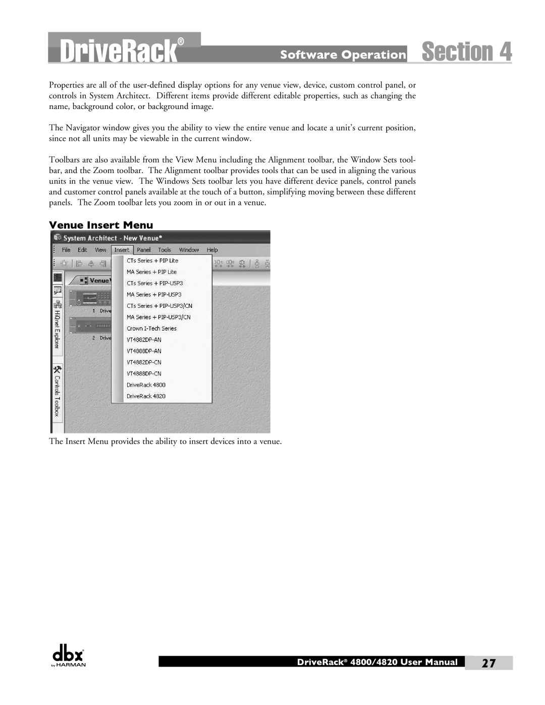 Harman user manual Venue Insert Menu, DriveRack 4800/4820 User Manual 