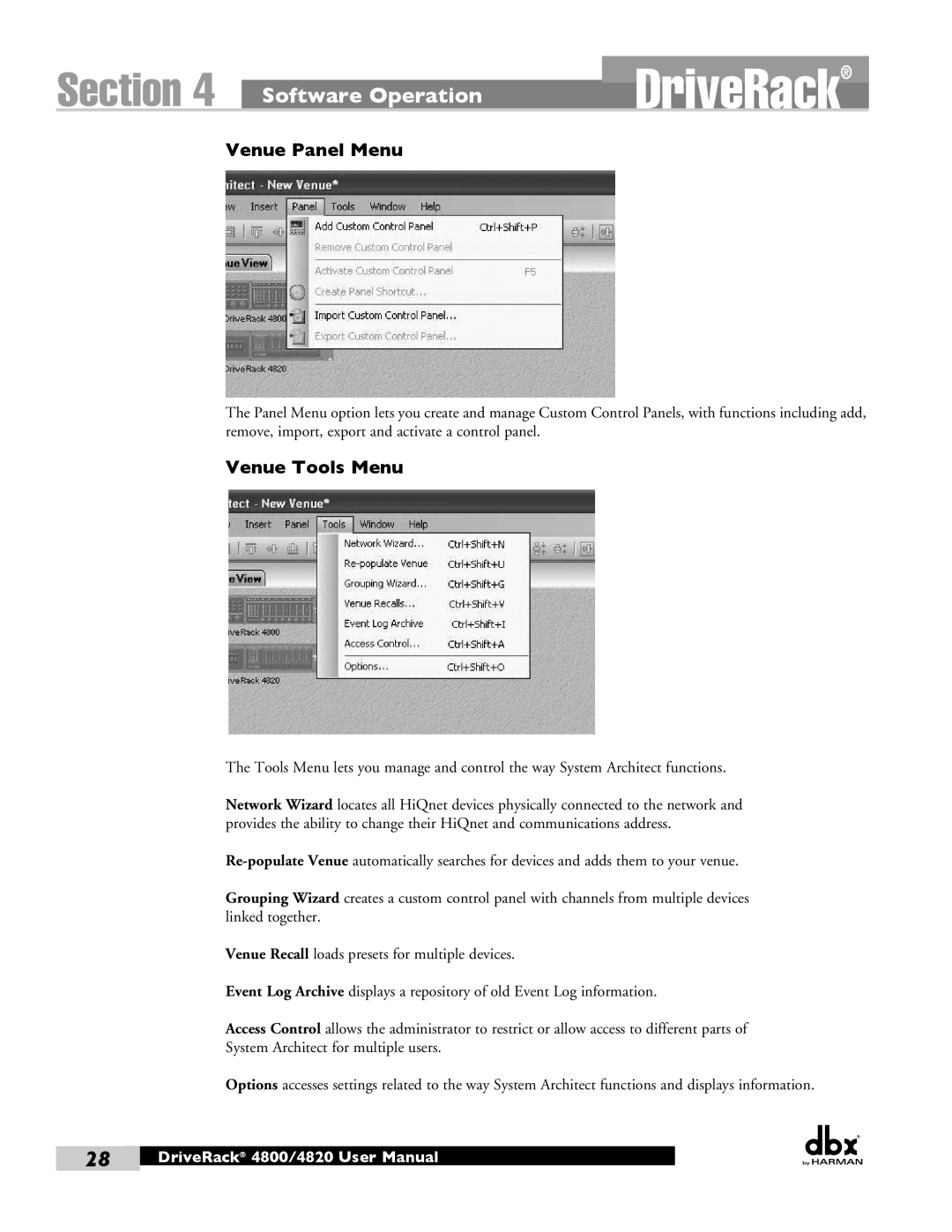 Harman user manual Section, Software Operation, Venue Panel Menu, Venue Tools Menu, DriveRack 4800/4820 User Manual 