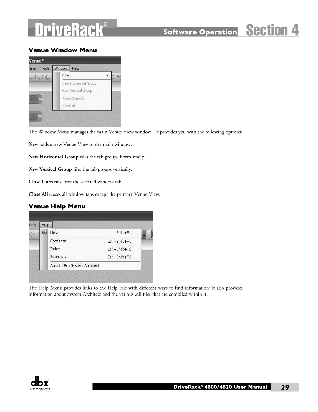 Harman user manual Section, Software Operation, Venue Window Menu, Venue Help Menu, DriveRack 4800/4820 User Manual 