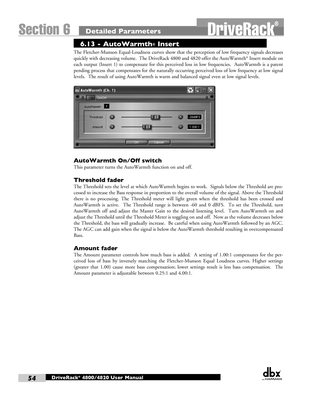 Harman 4800, 4820 AutoWarmth Insert, DriveRack, Section, Detailed Parameters, AutoWarmth On/Off switch, Threshold fader 