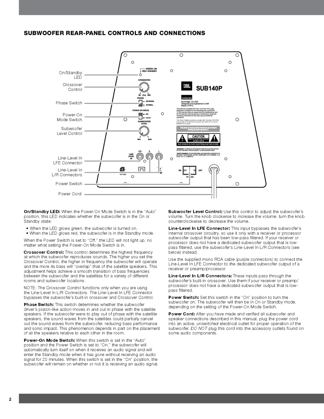 Harman 500 quick start Subwoofer REAR-PANEL Controls and Connections, Led 