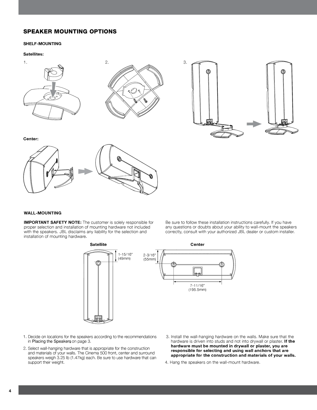 Harman 500 quick start Speaker Mounting Options, Shelf-Mounting, Wall-Mounting 