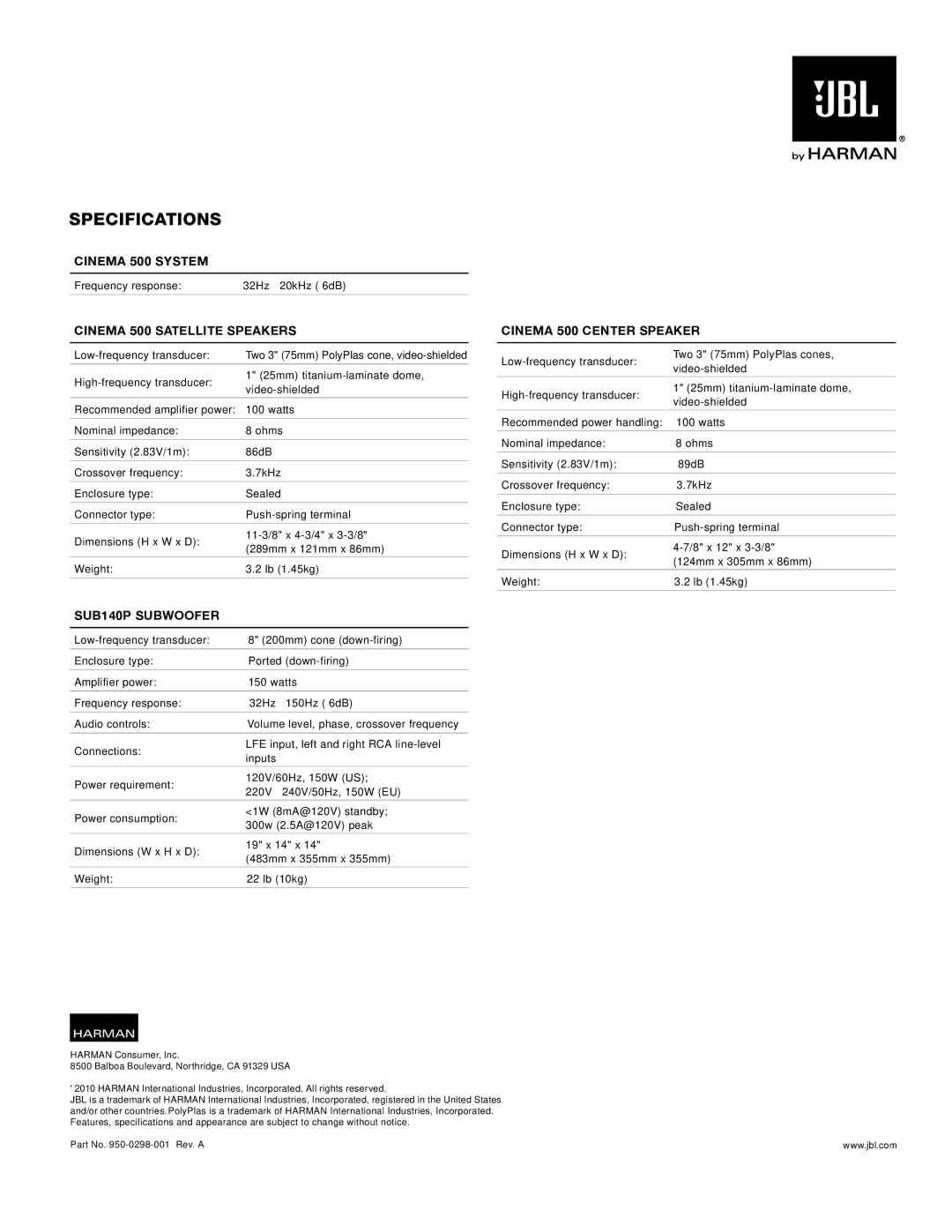 Harman Specifications, Cinema 500 System, Cinema 500 Satellite Speakers, Cinema 500 Center Speaker, SUB140P Subwoofer 