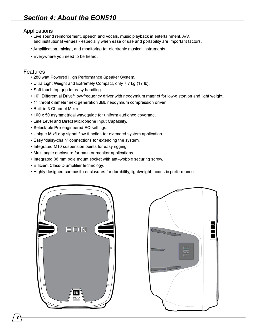 Harman manual About the EON510, Applications, Features 