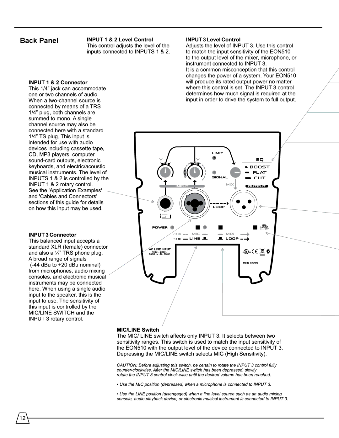 Harman 510 manual Back Panel 