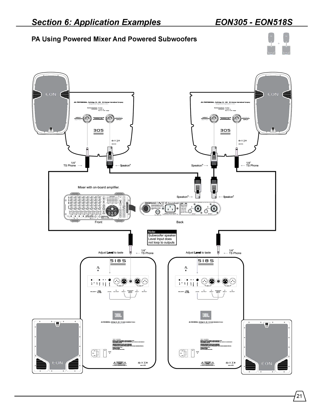 Harman 510 manual Application Examples EON305 EON518S, PA Using Powered Mixer And Powered Subwoofers 