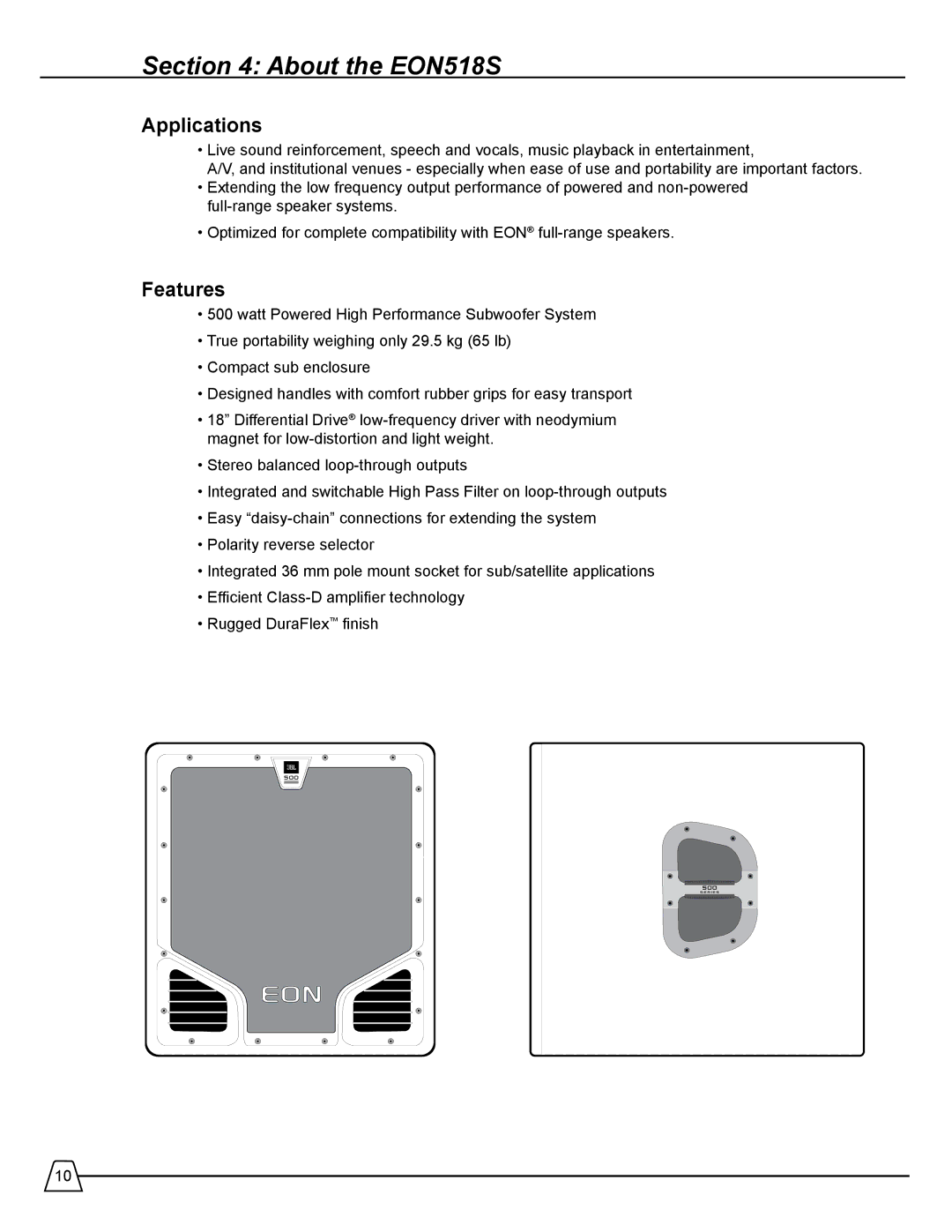 Harman manual About the EON518S, Applications, Features 