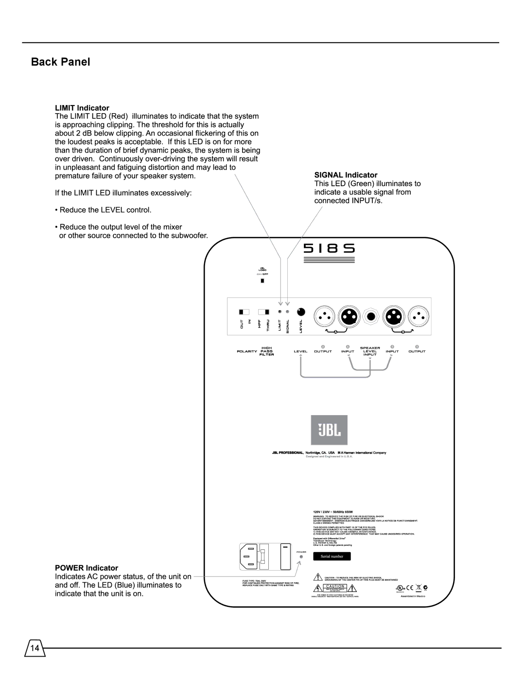 Harman 518S manual Back Panel 