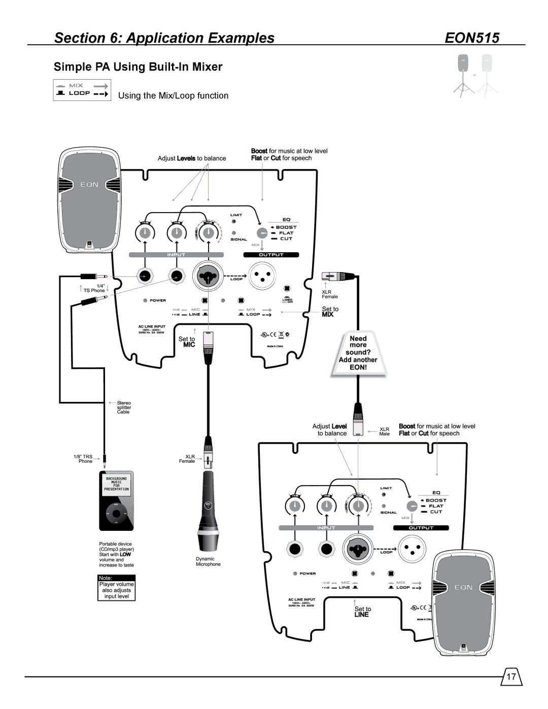 Harman 518S manual Application Examples EON515, Simple PA Using Built-In Mixer 