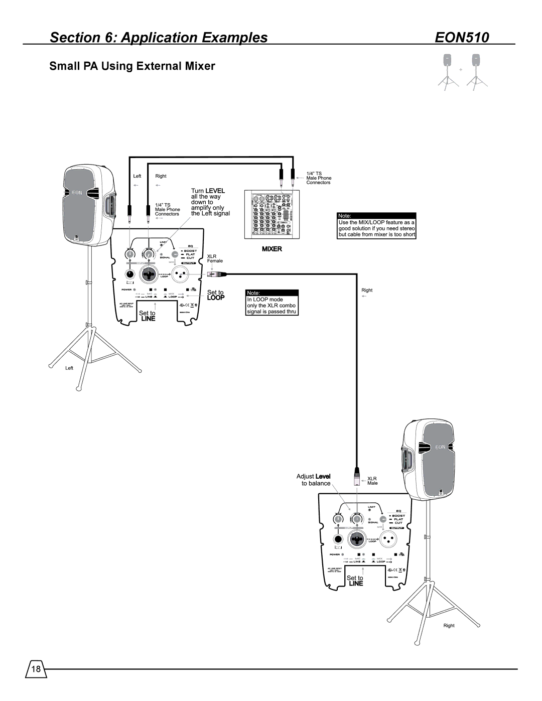 Harman 518S manual Application Examples EON510, Small PA Using External Mixer 