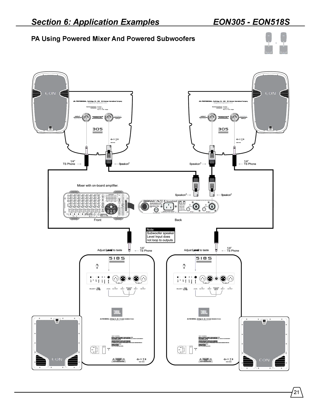 Harman manual Application Examples EON305 EON518S, PA Using Powered Mixer And Powered Subwoofers 