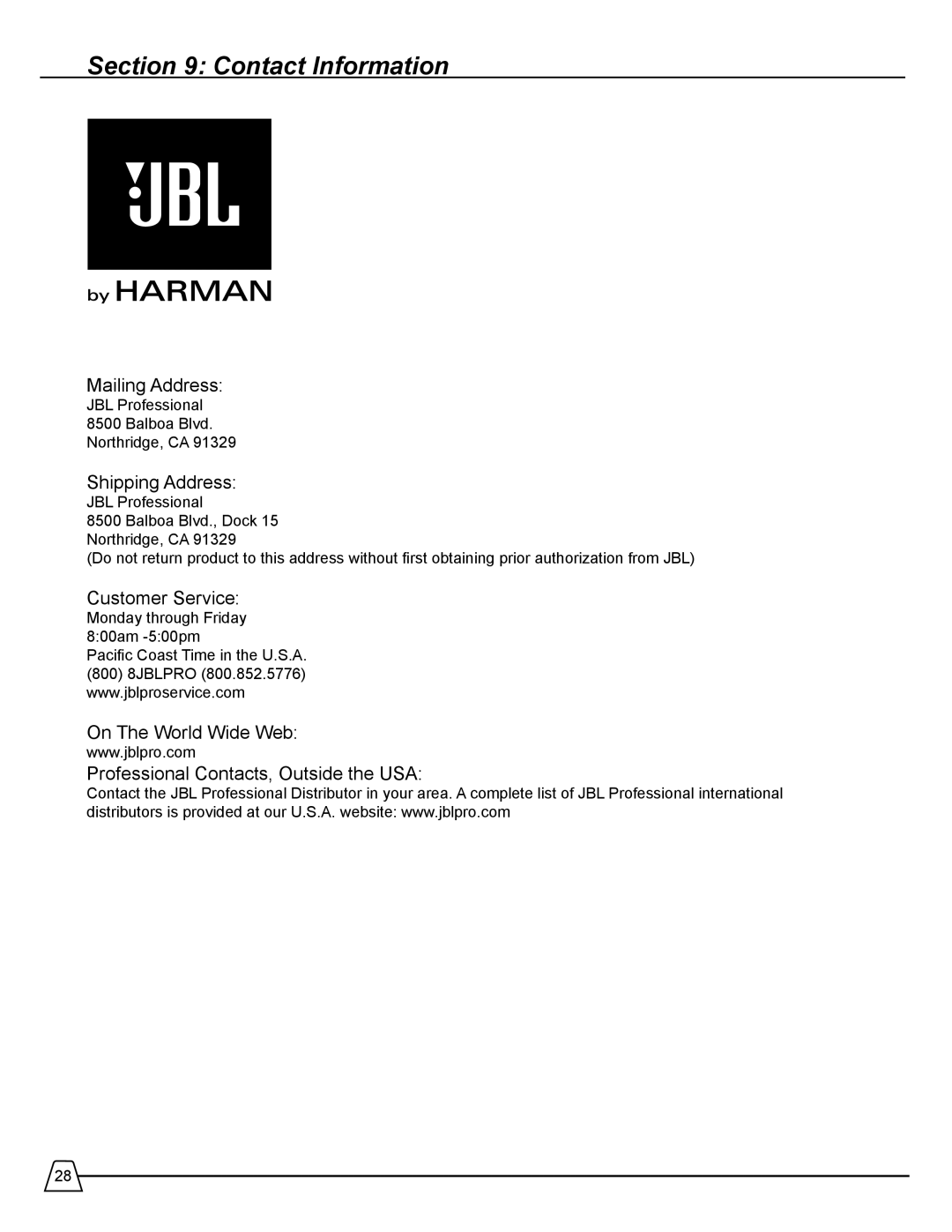 Harman 518S manual Contact Information, Shipping Address 