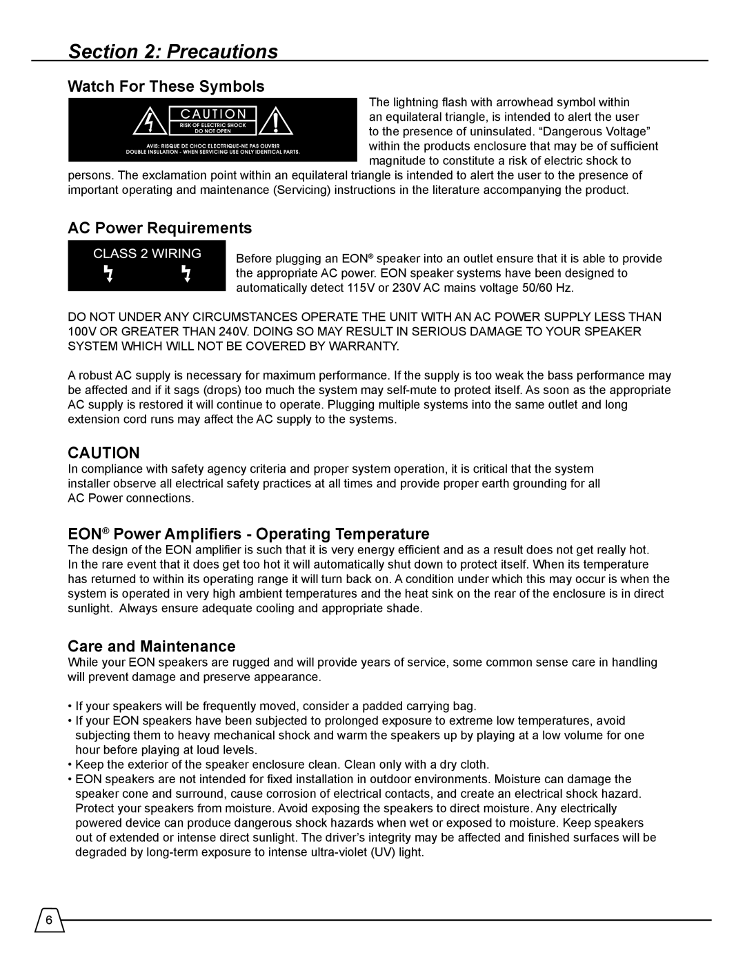 Harman 518S manual Precautions, Watch For These Symbols, AC Power Requirements, EON Power Amplifiers Operating Temperature 