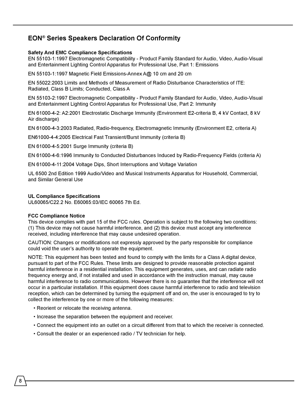 Harman 518S manual EON Series Speakers Declaration Of Conformity, Safety And EMC Compliance Specifications 