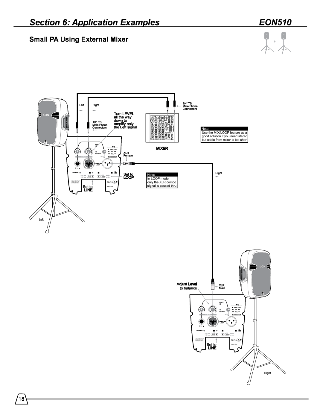 Harman 518S manual EON510, Small PA Using External Mixer, Application Examples 