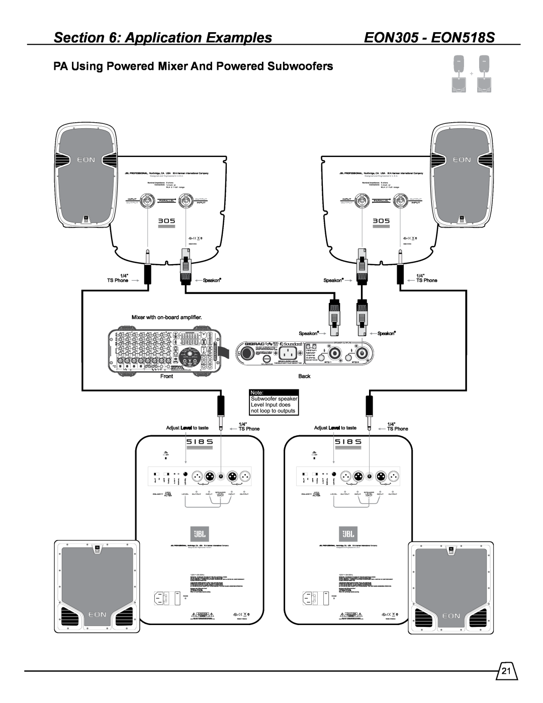 Harman manual EON305 - EON518S, PA Using Powered Mixer And Powered Subwoofers, Application Examples 