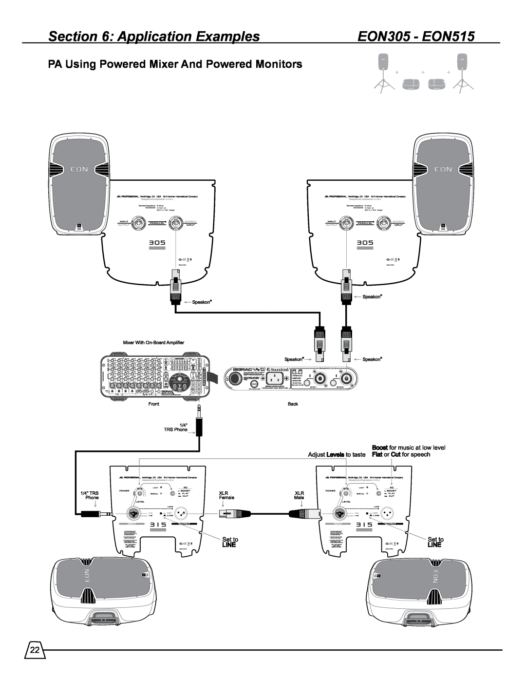 Harman 518S manual EON305 - EON515, PA Using Powered Mixer And Powered Monitors, Application Examples 