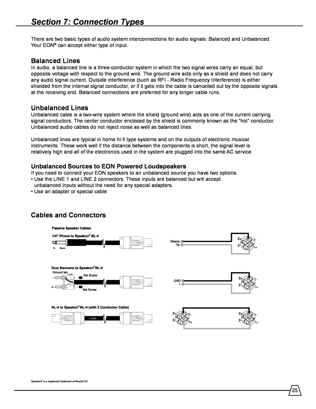 Harman 518S manual Connection Types, Balanced Lines, Unbalanced Lines, Cables and Connectors 