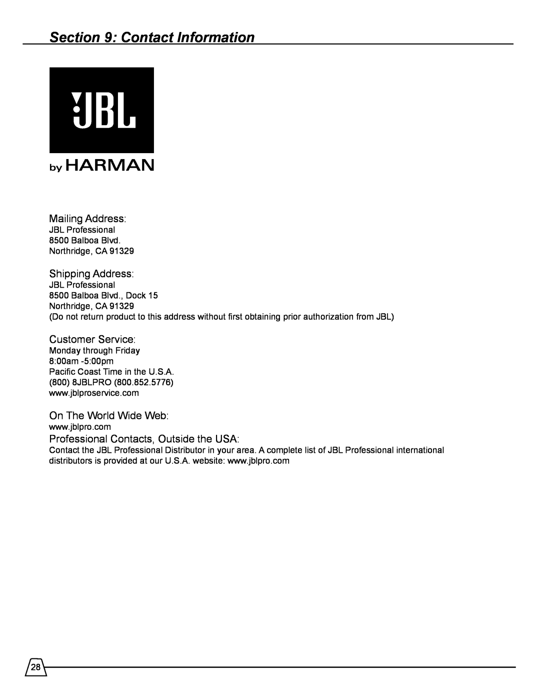 Harman 518S manual Contact Information, Mailing Address, Shipping Address, Customer Service, On The World Wide Web 