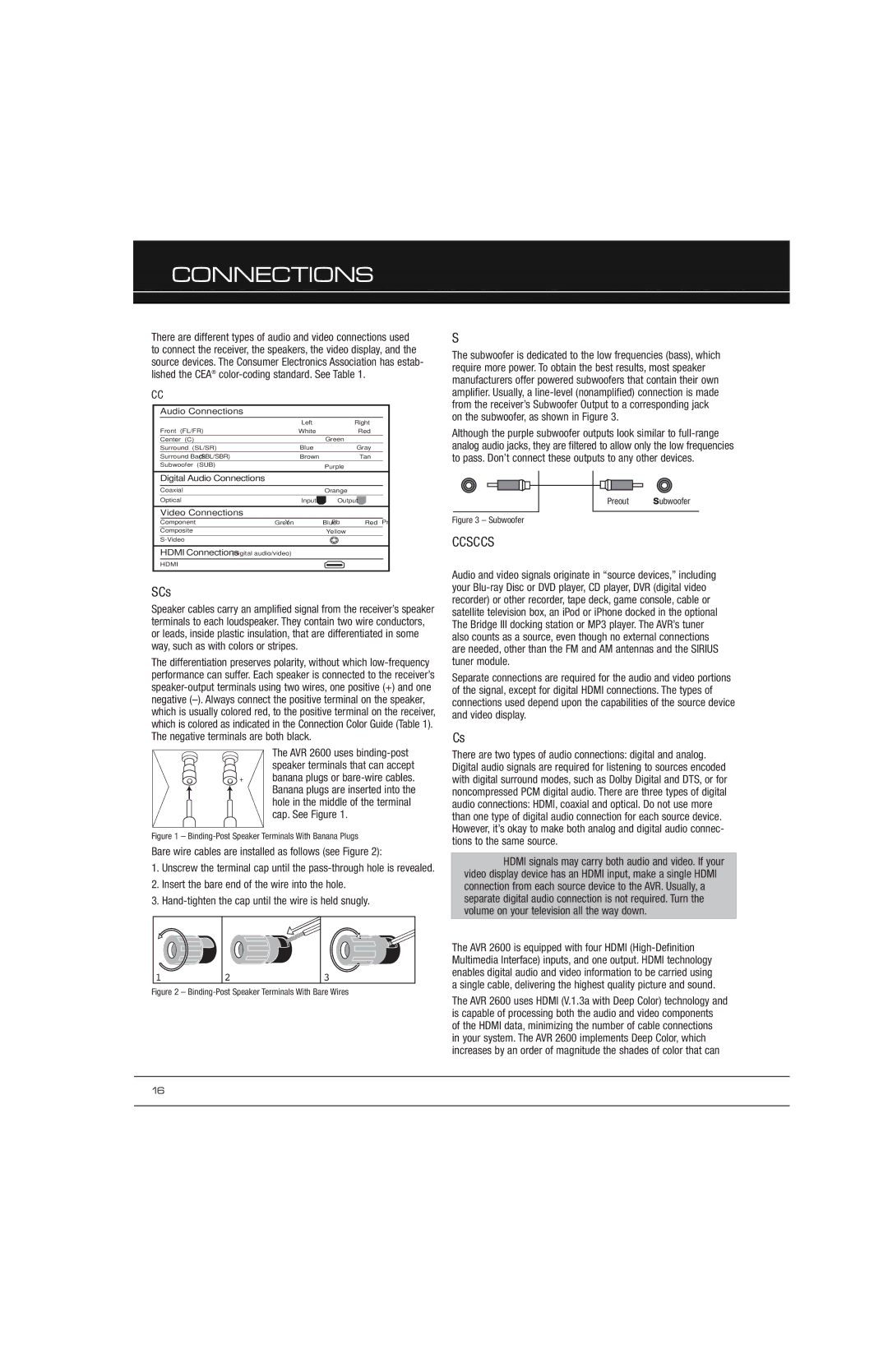 Harman AVR 2600 owner manual Speaker Connections, Subwoofer, Connecting Source Devices to the AVR, Audio Connections 