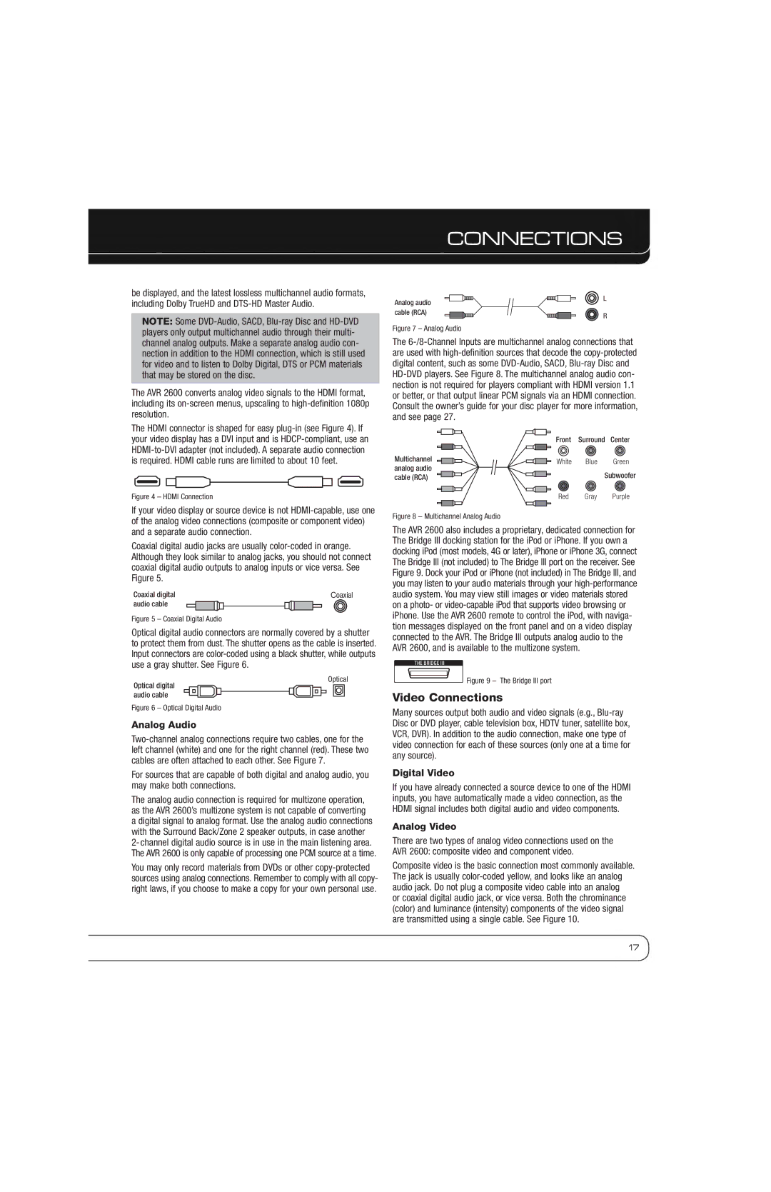 Harman AVR 2600 owner manual Video Connections, Analog Audio, Digital Video, Analog Video 