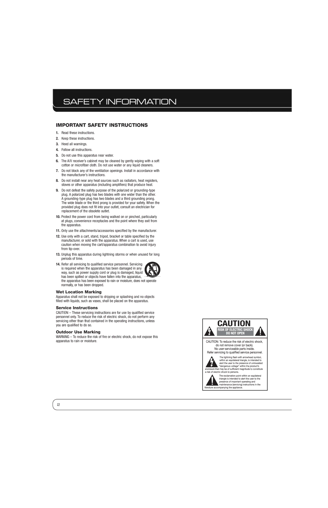 Harman AVR 2600 owner manual Safety Information, Important Safety Instructions, Wet Location Marking 