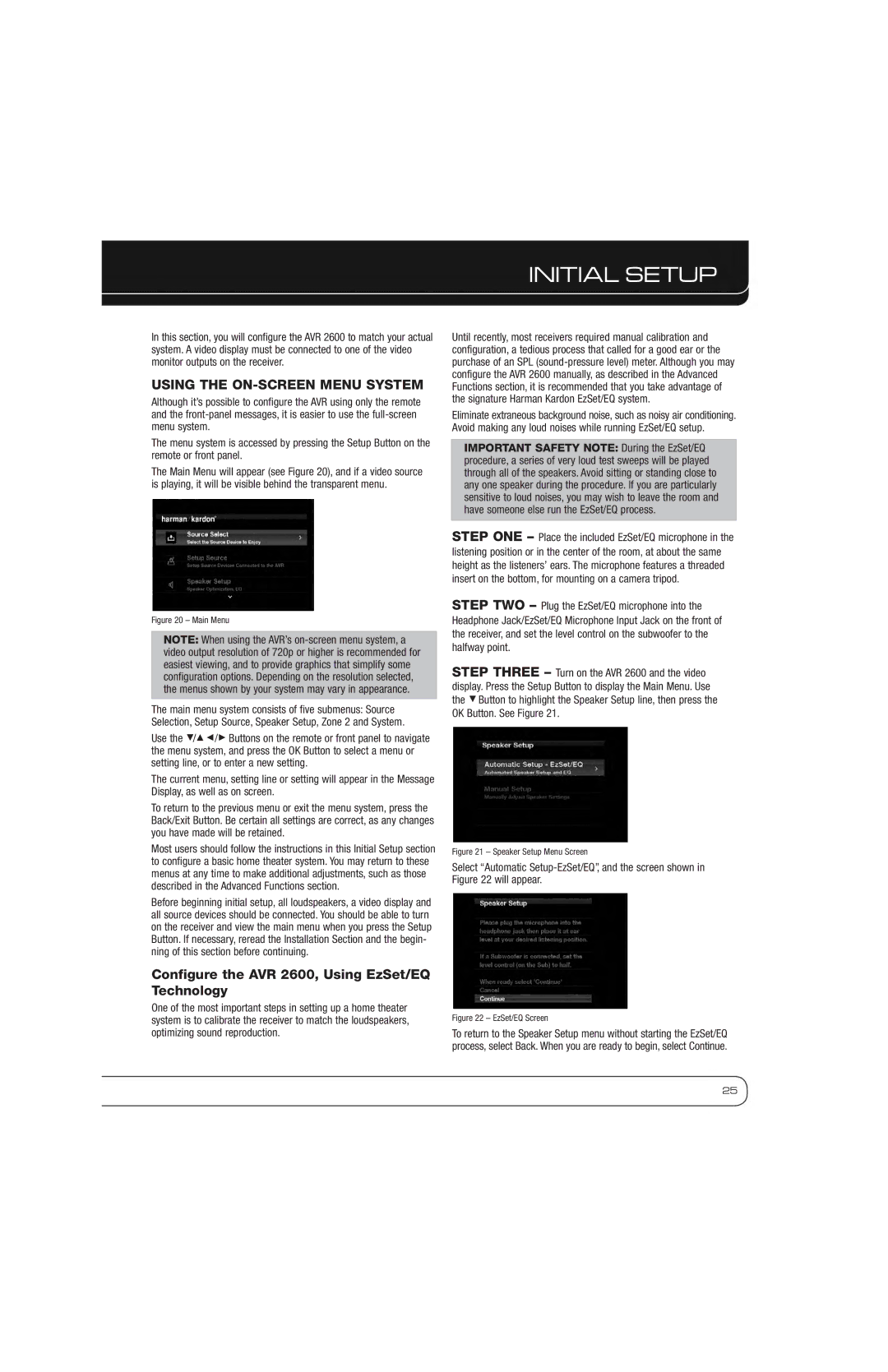 Harman owner manual Initial Setup, Using the ON-SCREEN Menu System, Configure the AVR 2600, Using EzSet/EQ Technology 